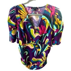 NEW INC Cotton Popover Top Women XL Multicolor Abstract Floral  Short Sleeves